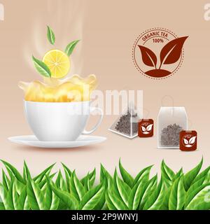 Tè verde. Bevanda aromatica alla natura cinese. Tazza in ceramica. Bevanda calda. Sfondo con foglia o limone. Logo del prodotto. Spruzzi di liquido. Tazza su piattino. Sacchetti di erbe con le etichette. Set di elementi realistici vettoriali Illustrazione Vettoriale