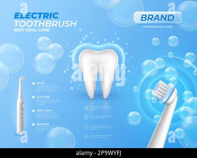 Poster relativo alla pulizia dello spazzolino. Setole per merlano. Denti elettrici realistici con spazzola in schiuma. Bolle di sapone. Molare lucido. Tecnologia per la salute e l'igiene dentale ad. Vector 3D modello di progettazione di banner pubblicitari Illustrazione Vettoriale