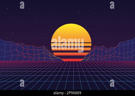 Retro synth gioco sfondo astratto, futuristico onda notturna. 80s sole e forme di montagna, pianeta vintage 1990s, tramonto giallo su sfondo techno viola. Panorama delle onde corte. Illustrazione vettoriale Illustrazione Vettoriale