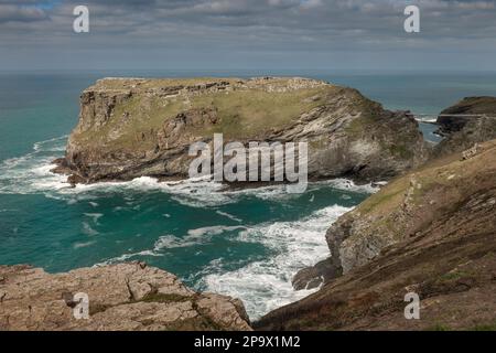 Le rovine del Castello di Tintagel sulla costa nord della Cornovaglia si trovano su uno sperone roccioso che può essere raggiunto dalla terraferma da uno spettacolare Foto Stock