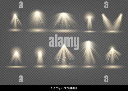 Lampade spot, fasci realistici di palchi. Effetto di luce in pavimenti scuri, luce notturna brillante, illuminazione del proiettore, esposizione di scintille e sfocatura isolato su sfondo trasparente. Set di illustrazioni vettoriali Illustrazione Vettoriale