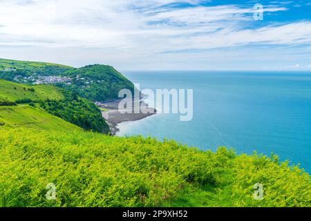 Lynmouth Bay visto da Countisbury Hill, Devon, Inghilterra, Regno Unito, Europa Foto Stock