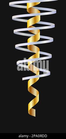Nastri a spirale dorati e argentati su sfondo nero, decorazione a serpentina per feste e feste elemento di design di lusso vettoriale Illustrazione Vettoriale