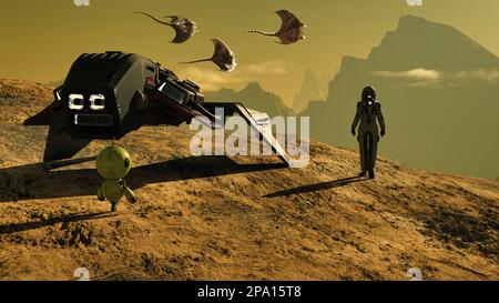 Viaggiatore spaziale con un piccolo robot esplorando un nuovo pianeta e affrontando creature aliena volante - rendering 3D Foto Stock