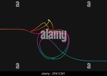 Apple Fruit disegno a una linea, colori arcobaleno su sfondo nero vettoriale minimalistica illustrazione lineare fatta di linea continua Illustrazione Vettoriale