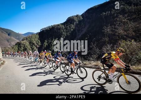 Il norvegese Tobias Foss di Jumbo-Visma ha mostrato in azione durante la fase 7 della 81st edizione della gara ciclistica Parigi-Nizza di otto giorni, 142,9km da Nizza al col de la Couillole, Francia, sabato 11 marzo 2023. FOTO DI BELGA DAVID PINTENS Foto Stock