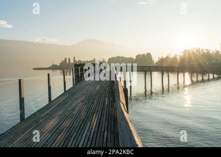 Vista panoramica della palude e della riva del lago alla luce della sera e una lunga passerella in legno in primo piano nel tardo autunno in Svizzera con una coppia Foto Stock