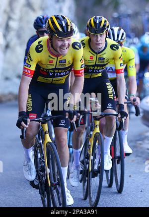 Il norvegese Tobias Foss di Jumbo-Visma ha mostrato in azione durante la fase 7 della 81st edizione della gara ciclistica Parigi-Nizza di otto giorni, 142,9km da Nizza al col de la Couillole, Francia, sabato 11 marzo 2023. FOTO DI BELGA DAVID PINTENS Foto Stock