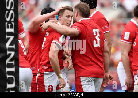 Roma, Italia. 11th Mar, 2023. Liam Williams of Wales festeggia il punto con i compagni di squadra durante la partita di rugby delle sei Nazioni tra Italia e Galles allo Stadio Olimpico di Roma il 11th marzo 2023. Foto Antonietta Baldassarre/Insidefoto Credit: Insidefoto di andrea staccioli/Alamy Live News Foto Stock