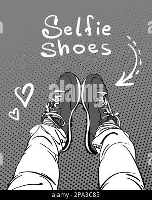 Illustrazione vettoriale dei piedi nelle scarpe da sneaker e nei jeans stretti dall'alto con testo disegnato a mano Selfie Shoes, Heart and Arrow, Line art style sketch o Illustrazione Vettoriale