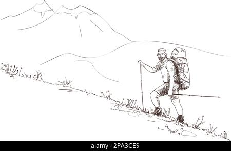 Schizzo di trekking uomo con grande zaino in direzione selvaggia in salita fino alla cima della montagna, disegno vettoriale a mano Illustrazione Vettoriale