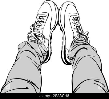 Disegno di selfie di piedi in scarpe da sneaker e jeans stretti, vista dall'alto, disegno vettoriale disegnato a mano in stile Line art isolato su bianco con colore grigio Illustrazione Vettoriale