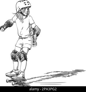 Sketch di ragazza skateboarder in piena protezione e casco cavalcando su skateboard, disegno a mano hatched sfumature vettoriali isolato su sfondo bianco Illustrazione Vettoriale