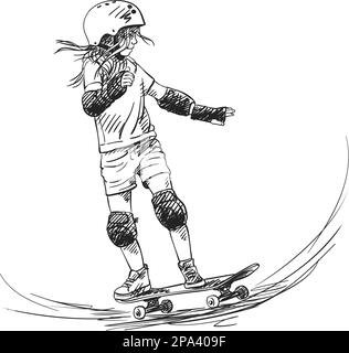 Sketch di ragazza skateboarder con lunghi capelli in sella a skateboard in piena protezione e casco in skate Park, disegnata a mano nuance vettore illustra Illustrazione Vettoriale