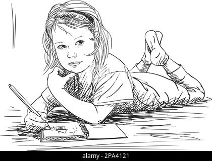 Bambino ragazza disegno casa e sole in libro di note mentre sdraiato sul pavimento, schizzo Vector, disegno a mano con sfumature tratteggiate Illustrazione Vettoriale