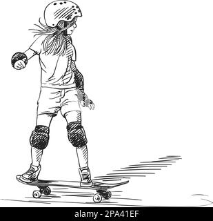 Sketch di ragazza skateboarder con lunghi capelli in sella a skateboard in piena protezione e casco, disegnata a mano nuance vettore illustrazione isolata Illustrazione Vettoriale