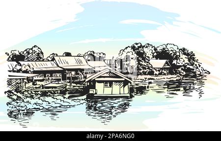 Schizzo delle case del villaggio sull'acqua, illustrazione vettoriale disegnata a mano su sfondo acquerello Illustrazione Vettoriale