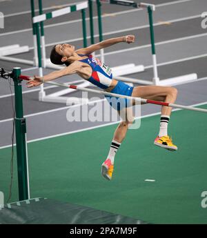 Angelina Topic della Serbia in gara nella finale di salto alto femminile ai Campionati europei di atletica indoor alla Ataköy Athletics Arena di Istanbul Foto Stock