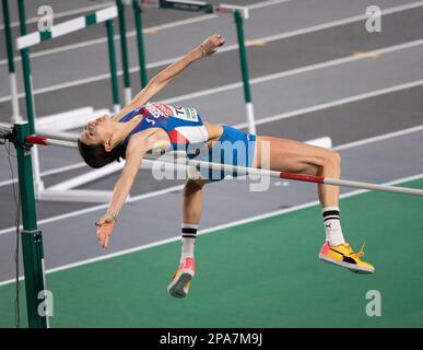 Angelina Topic della Serbia in gara nella finale di salto alto femminile ai Campionati europei di atletica indoor alla Ataköy Athletics Arena di Istanbul Foto Stock