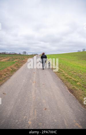 Donna con capelli ricci marroni e giacca nera che cammina il suo cane akita inu con pelliccia grigia su un sentiero agricolo durante la giornata nuvolosa, tiro verticale, vista fr Foto Stock