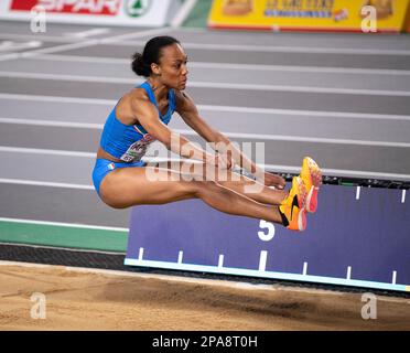 Larissa Iapichino, Italia, gareggia nella finale femminile di salto lungo ai Campionati europei di atletica indoor della Ataköy Athletics Arena di Istanb Foto Stock