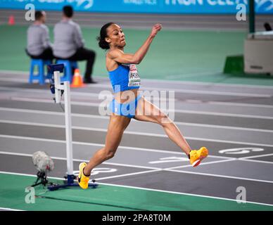 Larissa Iapichino, Italia, gareggia nella finale femminile di salto lungo ai Campionati europei di atletica indoor della Ataköy Athletics Arena di Istanb Foto Stock