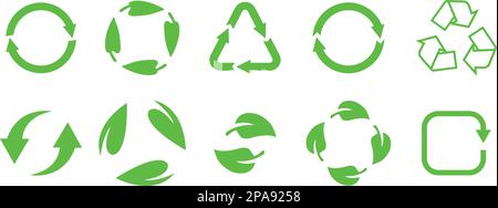 Set di frecce circolari. Icone di riciclaggio ed ecologia. Concetto di riutilizzo e rifiuto. Simbolo verde verde verde Eco di riciclo delle foglie. Aggiorna, ricarica, collectio dei segni di rotazione del ciclo Illustrazione Vettoriale