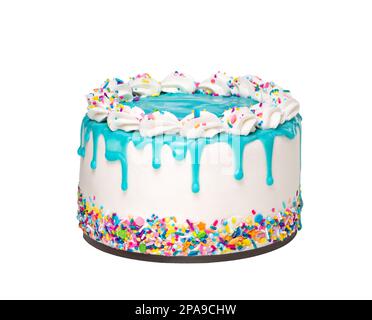 Torta di compleanno con crema di burro alla vaniglia con un gocciolamento blu di ganache e spruzzate colorate isolate su un fondo bianco puro. Alla moda. Foto Stock