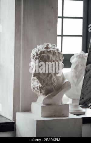 Oggetti d'arte per la mostra di pittura classica e contemporanea scultura retrò e ceramica. Illustrazioni a mano statue in gesso busto e sh astratto Foto Stock