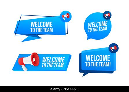 Etichetta megaphone con testo Benvenuti al team. Megaphone in mano banner di promozione. Marketing e pubblicità Illustrazione Vettoriale