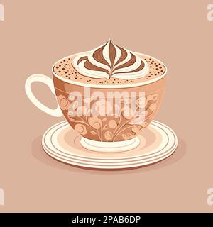Cartoni animati piatti raffiguranti una bella tazza di cappuccino in vetro dai colori marrone pastello Illustrazione Vettoriale