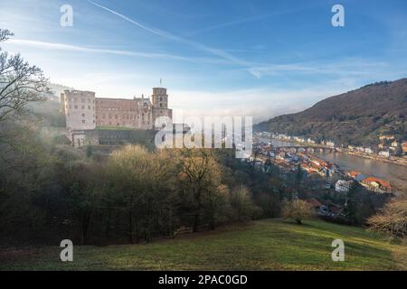 Vista aerea della città vecchia con il Castello di Heidelberg e il Ponte Vecchio (Alte Brucke) - Heidelberg, Germania Foto Stock