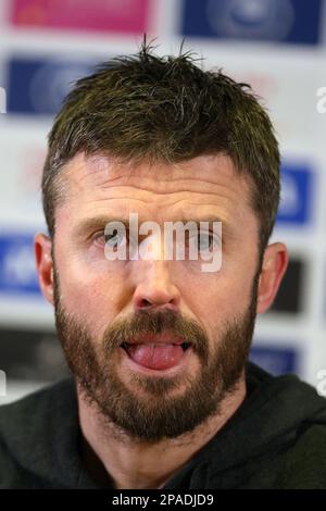 Swansea, Regno Unito. 11th Mar, 2023. Michael Carrick, il capo allenatore /manager di Middlesbrough durante la conferenza stampa post-partita.EFL Skybet campionato match, Swansea città / Middlesbrough al Swansea.com ° stadio a Swansea, Galles Sabato 11th marzo 2023. Questa immagine può essere utilizzata solo per scopi editoriali. Solo per uso editoriale, licenza richiesta per uso commerciale. Non è utilizzabile nelle scommesse, nei giochi o nelle pubblicazioni di un singolo club/campionato/giocatore. pic di Andrew Orchard/Andrew Orchard sports photography/Alamy Live news Credit: Andrew Orchard sports photography/Alamy Live News Foto Stock