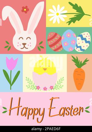 Biglietto di auguri di Pasqua con uova, pulcino, coniglietto, carota e fiori, disegno vettoriale verticale stile doodle Illustrazione Vettoriale