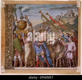 1598 ca : il Trionfo (us) Caesaris ( il trionfo di Giulio CESARE ), piatto 4 ( legno chiaroscuro con gouache ), del pittore italiano Andrea Andreani ( 1584 - 1610 ), dagli affreschi originali di ANDREA MANTEGNA . - RITRATTO - RITRATTO - ANTICA ROMA - ROMA ANTICA - RINASCIMENTO - RINASCIMENTO - RINASCIMENTO - ARTE - ARTI VISIVE - ARTI VISIVE - PITTORE - INCISIONE - ACQUARELLO ---- ARCHIVIO GBB Foto Stock