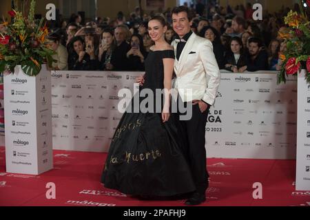 Malaga, Spagna. 11th Mar, 2023. L'attrice spagnola Marta Hazas e l'attore Javier Veiga posano sul tappeto rosso nel Festival del film di Malaga 2023. L'edizione 26th del Malaga Film Festival presenta le migliori proiezioni cinematografiche spagnole in concorso dal 10th al 19th marzo. Il Malaga Spanish Film Festival si è affermato come uno dei maggiori eventi del cinema spagnolo e promotore della cultura cinematografica in Spagna e in America Latina. (Foto di Jesus Merida/SOPA Images/Sipa USA) Credit: Sipa USA/Alamy Live News Foto Stock