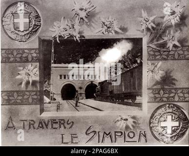 1906 , TRAFORO DEL SEMPIONE , ITALIA : il tunnel del Sempione è un tunnel ferroviario alpino che collega la città svizzera di Briga con Domodossola in Italia, anche se la sua traiettoria relativamente diritta non passa sotto lo stesso Passo del Sempione. Si compone in realtà di due tunnel a binario singolo costruiti a quasi 20 anni di distanza. Per più di mezzo secolo è stato considerato il tunnel più lungo del mondo. Il tunnel del Sempione fu infine completato nel 1906. Il re italiano Vittorio Emanuele III d'Italia e il presidente del Consiglio nazionale svizzero Ludwig Forrer aprirono il tunnel a Brig il 10 maggio 1906. Il bu Foto Stock