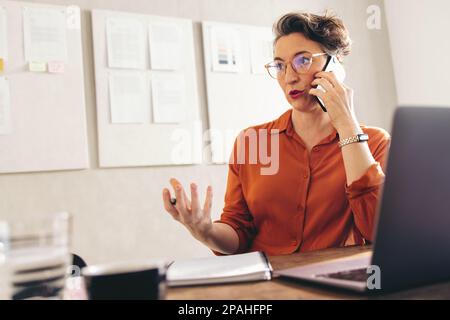 Donna d'affari matura che parla al telefono mentre si siede alla sua scrivania con un computer portatile e un notebook. Interior designer donna che fa piani con un cliente Foto Stock