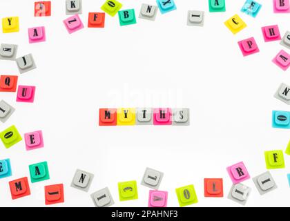 Parola DEI MITI su sfondo bianco isolato con lettere alfabetiche sparse Foto Stock