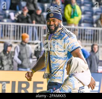 Chester, Pennsylvania, Stati Uniti. 11th Mar, 2023. Marzo 11, 2023, Chester PA- Philadelphia Eagles giocatore, BRANDON GRAHAM e figlia al Philadelphia Union gioco al Subaru Park a Chester Pa (Credit Image: © Ricky Fitchett/ZUMA Press Wire) SOLO USO EDITORIALE! Non per USO commerciale! Foto Stock