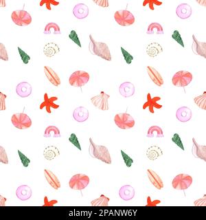 Disegno a mano senza cuciture sul mare. Acquerello conchiglie e stelle su sfondo bianco. Design di album, poster tipografici, etichette, striscioni, tessuti Foto Stock