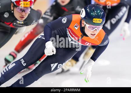 SEUL, COREA - 12 MARZO: Xandra Velzeboer dei Paesi Bassi gareggia sulla Women's 1000m durante i Campionati mondiali di pattinaggio di velocità a corto raggio ISU alla pista di pattinaggio di Mokdong il 12 marzo 2023 a Seul, Corea (Foto di Andre Weening/Orange Pictures) Foto Stock