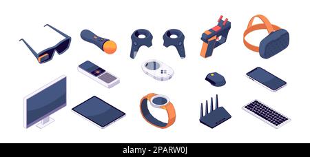 Dispositivi di gioco isometrici. Controller joystick e gamepad, casco VR e accessori per giochi di occhiali AR. Set isolato per PC e tablet per telefoni vettoriali. Smart Watch, router wi fi e tecnologia elettronica Illustrazione Vettoriale