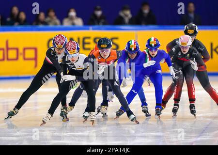 SEUL, COREA - 12 MARZO: Xandra Velzeboer dei Paesi Bassi gareggia sulla staffetta delle donne durante i Campionati mondiali di pattinaggio di velocità a corto raggio ISU alla pista di pattinaggio di Mokdong il 12 marzo 2023 a Seoul, Corea (Foto di Andre Weening/Orange Pictures) Foto Stock