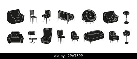 Sedie silhouette. Oggetti neri comodi mobili da salotto, sgabelli e poltrone da scarabeo, elementi decorativi interni intimi e abbozzati. Set con isolamento vettoriale. Oggetti di design per la casa scandinava per il soggiorno Illustrazione Vettoriale
