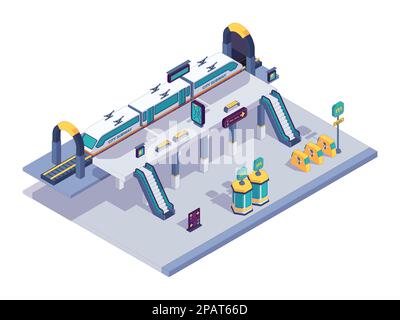 Stazione della metropolitana isometrica. Binario ferroviario passeggeri per la partenza e l'arrivo dei treni, infrastruttura metropolitana urbana. Illustrazione vettoriale. Interni metropolitani con biglietteria, tornello Illustrazione Vettoriale