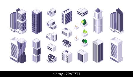 Kit costruttore città isometrico. Elementi moderni del paesaggio urbano con architettura edifici grattacieli e case, sviluppo megalopoli. Set vettoriale. Alti uffici e proprietà residenziali Illustrazione Vettoriale
