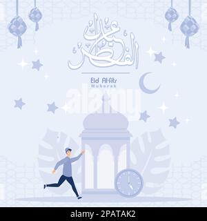 Gli uomini musulmani sono felici quando rompono il digiuno di Ramadan, ramadan kareem, illustrazione moderna del vettore piatto Illustrazione Vettoriale