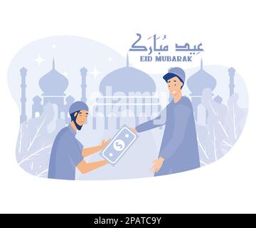 Giovane uomo musulmano che dà denaro ai senzatetto, Eid mubarak, piatto vettore di illustrazione moderna Illustrazione Vettoriale