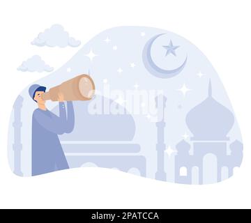 Musulmano che cerca la luna nuova o ilale con il telescopio, segnali l'inizio del mese sacro islamico del digiuno Ramadan, piatto vettore illustrazione moderna Illustrazione Vettoriale